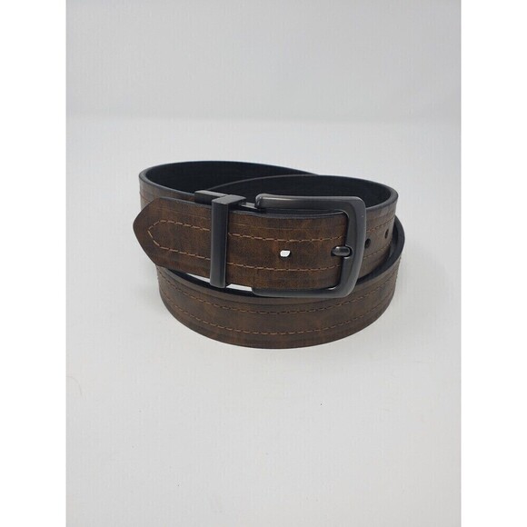 LEVI'S BROWN LEATHER BELT TAN EXPOSED STITCHING GUN METAL BUCKLE MEN 38 - Picture 1 of 12